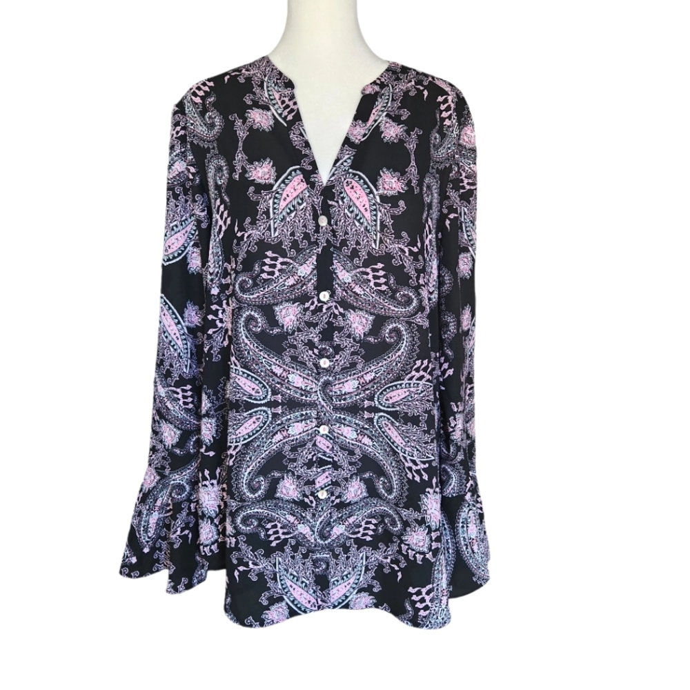 Foxcroft Paisley Black Pink Button Up Blouse Bell Sleeves 14 Large